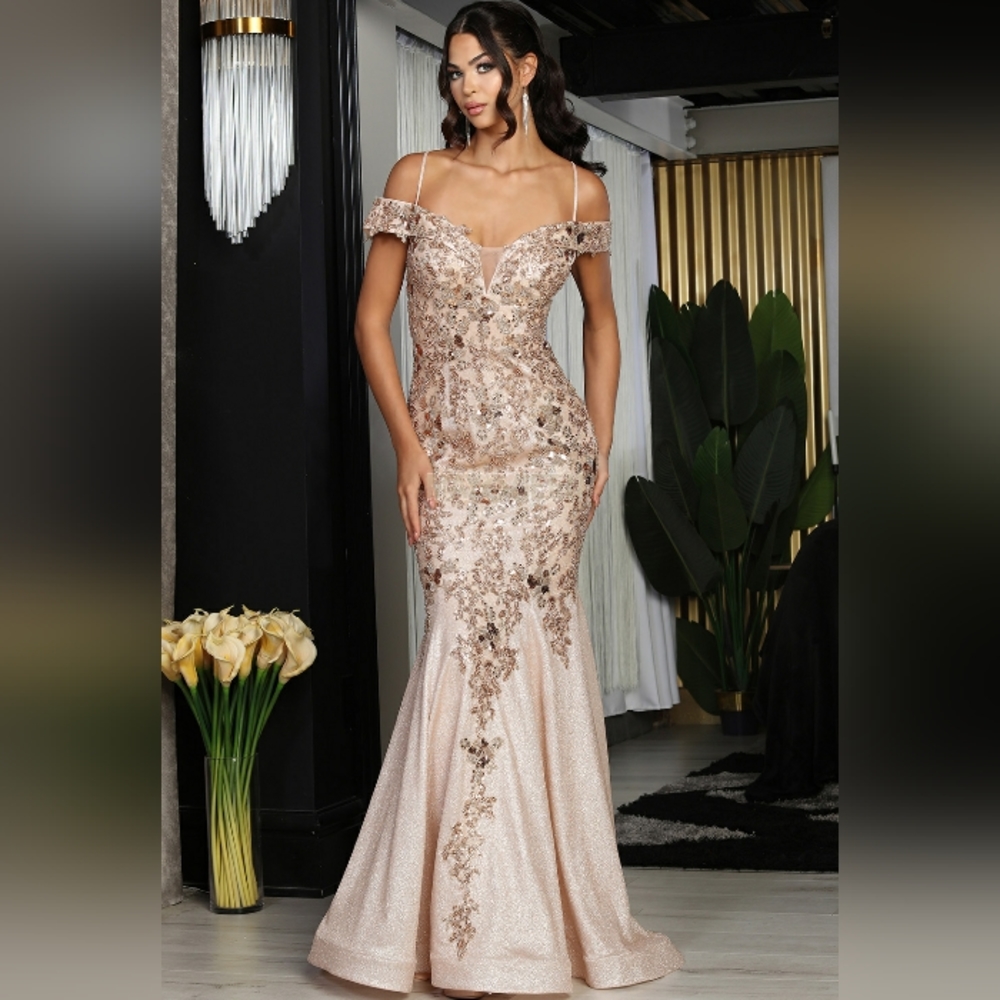 Rose gold mermaid long off the shoulder beaded gown